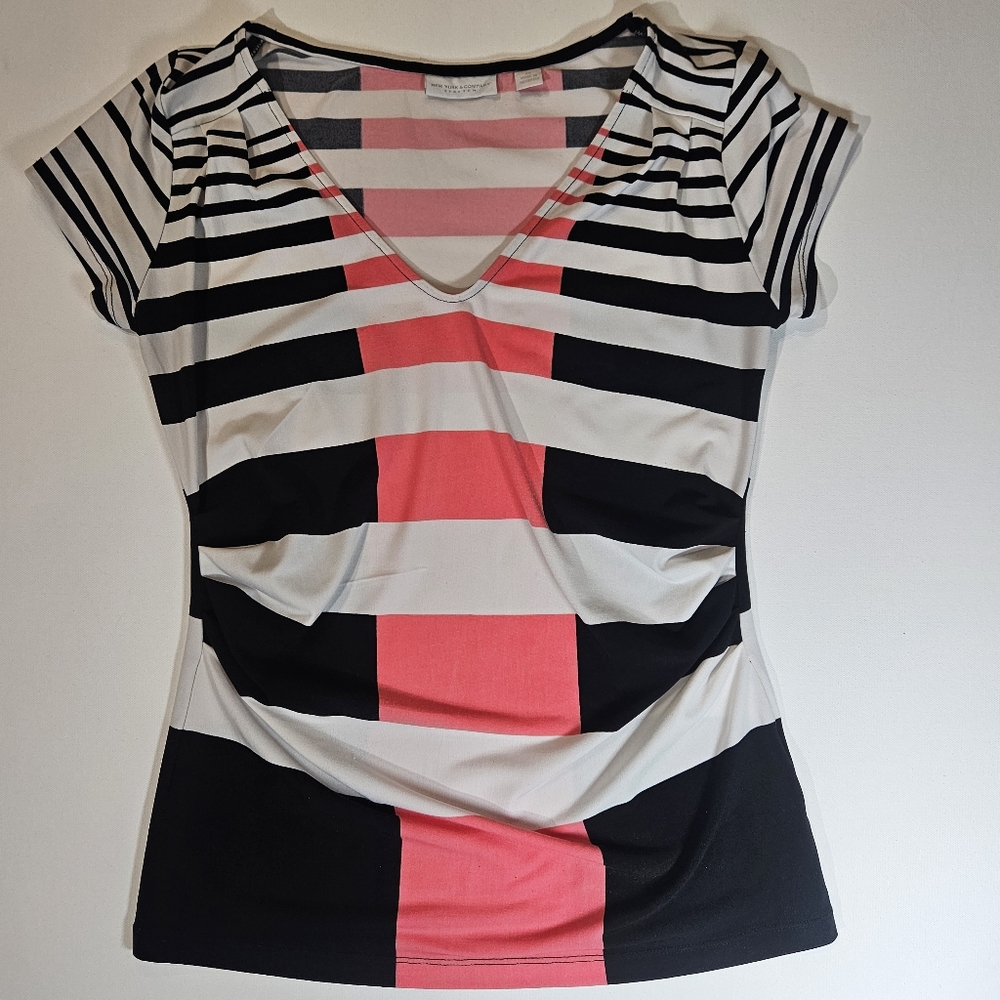 New York & Company Blouse Womens‎ XS Black Pink White Colorblock Fit & Flare Cut